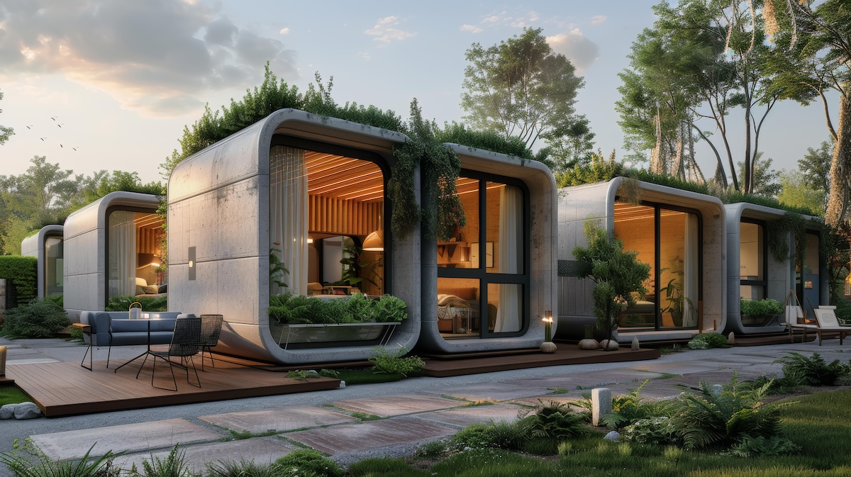 3D printet houses with grass on the roof and a lot of plants around